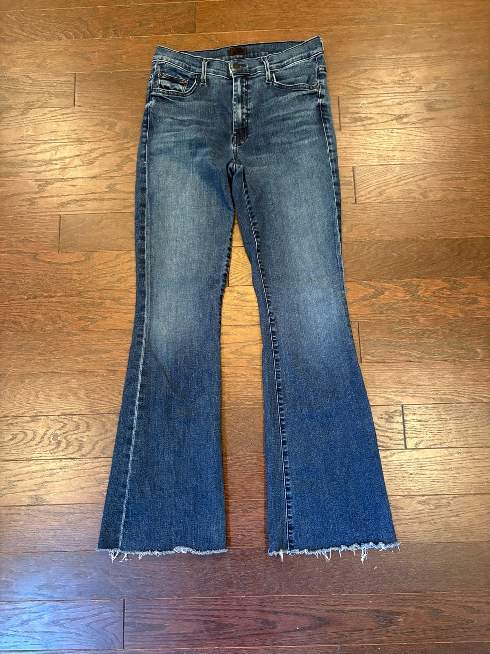 MOTHER Blue Flared Raw Hem Jeans